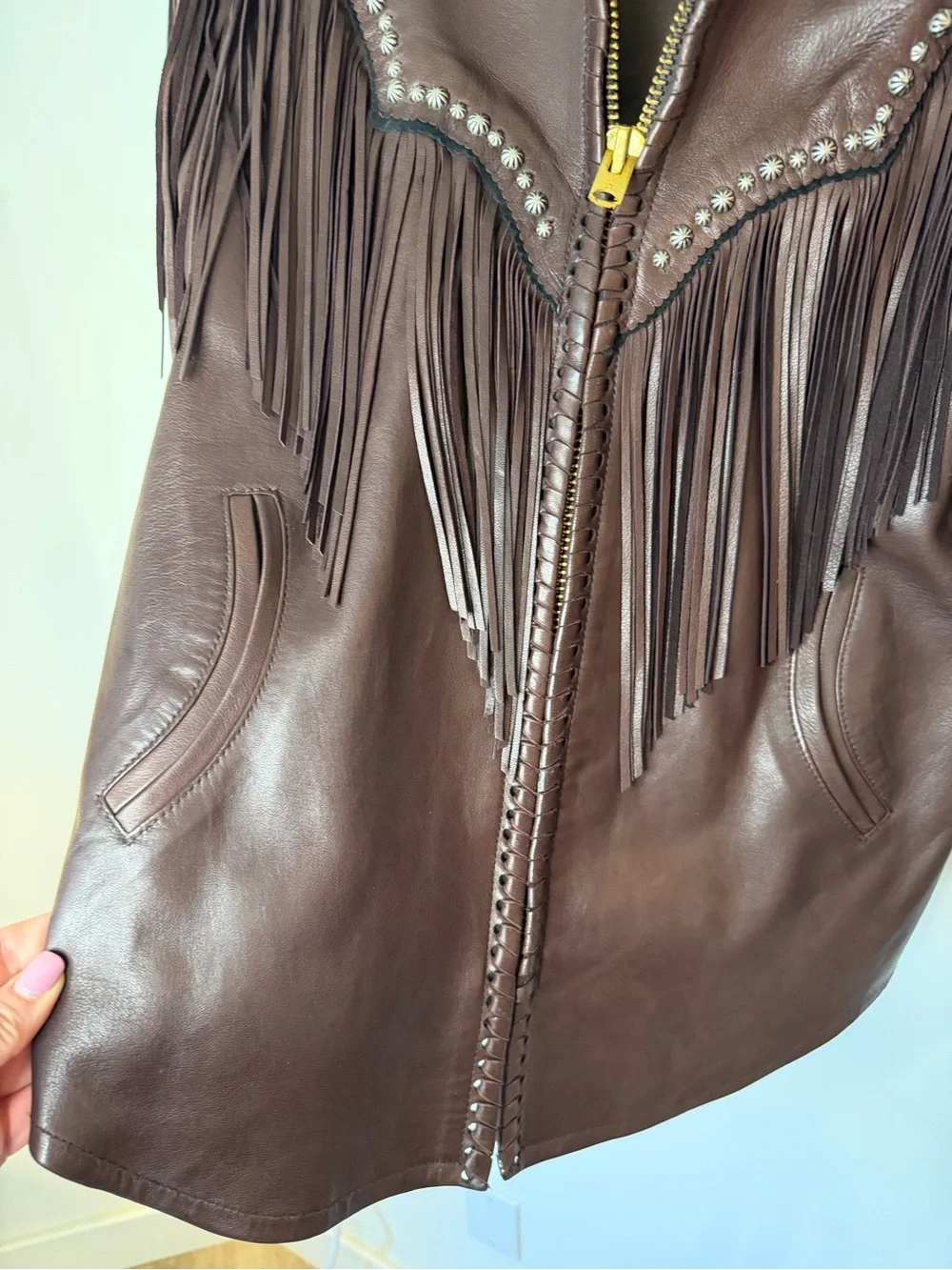Appaloosa Trading Co 100% Leather Fringe Western Jacket Brown Concho woman large